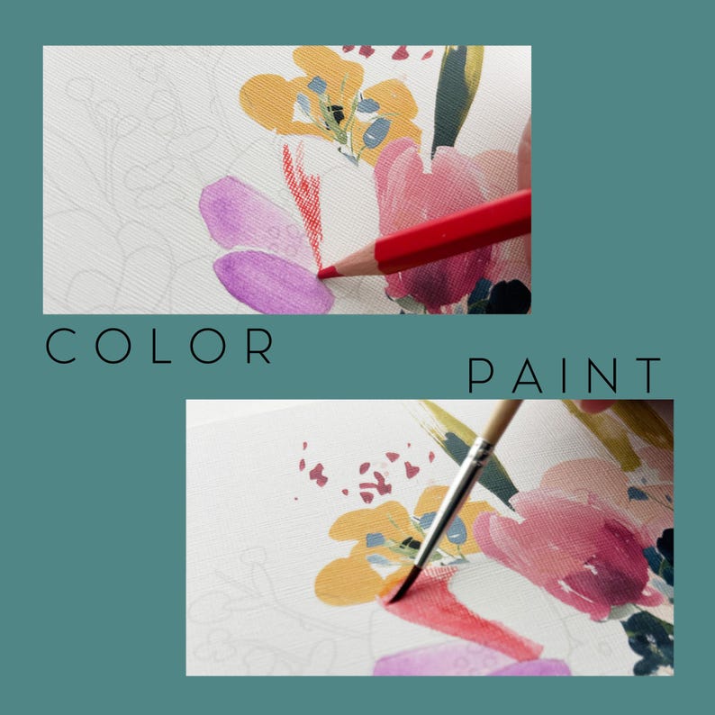 May include: A composite image showing a red colored pencil adding detail to a floral illustration on textured paper, and a paintbrush applying paint to a similar floral design. The text COLOR PAINT is displayed in black capital letters.