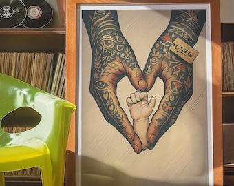Lámina artística "Manos tatuadas y niño" – Amor familiar moderno (Descarga digital)