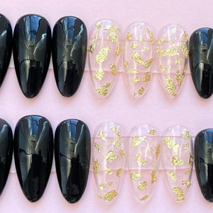 Black & Gold Foil Press On Nails | Gel, Handmade, Set of 20
