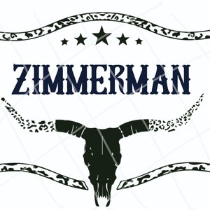 May include: Black and white silhouette of a longhorn skull with a leopard print pattern on the horns. The skull is framed by a black and white leopard print border with the word "ZIMMERMAN" in blue text.