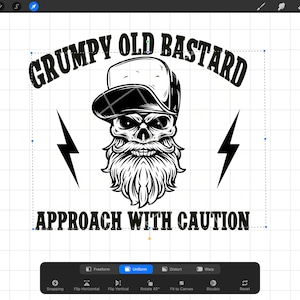 May include: Black and white illustration of a skull wearing a baseball cap with the text "GRUMPY OLD BASTARD" above and "APPROACH WITH CAUTION" below.