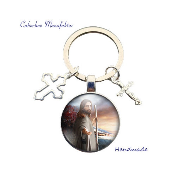 Jesus keyring with glass cabochon Christian keyring Religious keyring Jesus Christ pendant