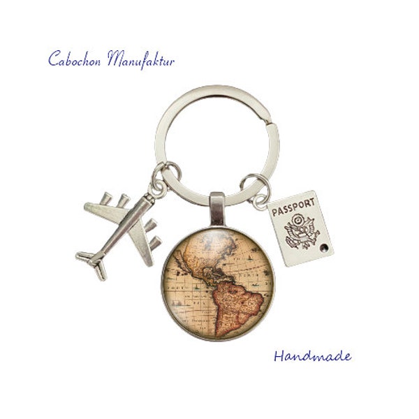 Porte-clés vacances et voyage avec globe cabochon en verre