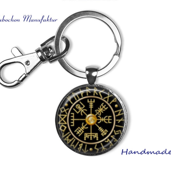 Wikinger Schlüsselanhänger mit Glas Cabochon Anhänger Wikinger Kompass und Karabiener