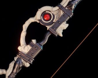 May include: A white and black bow with a red jewel in the center. The bow has a string attached and is made of a bone-like material with spikes.