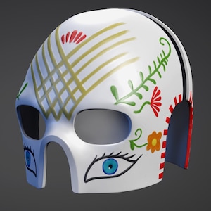 Op de afbeelding: Wit masker met een schedelontwerp en kleurrijke bloemenborduurwerk. Het masker heeft twee blauwe ogen en een rood-witte gestreepte rand.