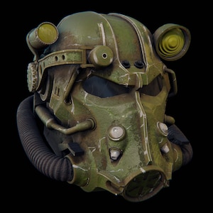 Könnte beinhalten: Ein olivgrüner Helm mit komplexem Design, einschließlich runder Lichter, Atemschutz und mechanischen Details. Der Helm hat eine abgenutzte Oberfläche, die auf den Einsatz in einer rauen Umgebung hindeutet. Das Design erinnert an postapokalyptische oder Science-Fiction-Themen.