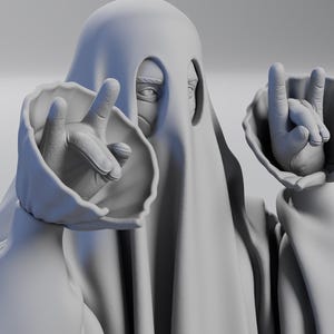Könnte beinhalten: Ein Graustufen-3D-Rendering einer Figur, die in ein Laken gehüllt ist, mit Augenausschnitten. Die Figur macht Handgesten, wobei Zeige- und kleiner Finger an beiden Händen ausgestreckt sind. Der Hintergrund ist einfarbig hellgrau.
