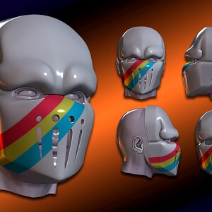 K&ouml;nnte beinhalten: Eine grau-graue Maske mit einem Regenbogenstreifen &uuml;ber dem Mundbereich. Die Maske hat eine glatte, reflektierende Oberfl&auml;che und vertikale Schlitze. Mehrere Ansichten der Maske werden vor einem orangefarbenen und dunkelblauen Farbverlaufshintergrund gezeigt.
