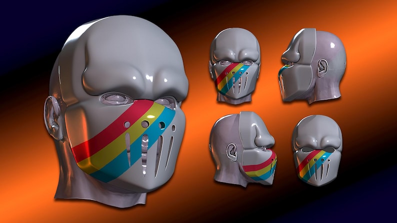 K&ouml;nnte beinhalten: Eine grau-graue Maske mit einem Regenbogenstreifen &uuml;ber dem Mundbereich. Die Maske hat eine glatte, reflektierende Oberfl&auml;che und vertikale Schlitze. Mehrere Ansichten der Maske werden vor einem orangefarbenen und dunkelblauen Farbverlaufshintergrund gezeigt.