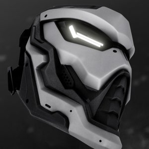 May include: A futuristic, white and black helmet with a glowing white light on the front. The helmet has a geometric design and a black visor.
