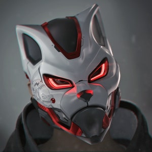 May include: A white and red futuristic helmet with cat ears and glowing red eyes. The helmet has a detailed design with a black nose and mouth.
