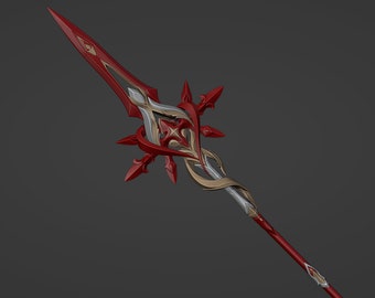 May include: A red and gold spear with detailed design. The spearhead is a sharp, elongated triangle, and the shaft is a deep red. The design includes silver and gold accents, with a starburst-like element near the center.