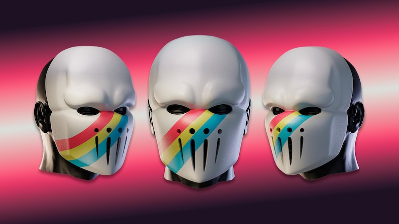 K&ouml;nnte beinhalten: Drei wei&szlig;e Masken mit schwarzen Augenh&ouml;hlen und Ohrendetails. Jede Maske hat einen Regenbogenstreifen &uuml;ber dem Gesicht und vertikale Schlitze darunter. Vor einem rosa-violetten Farbverlauf.