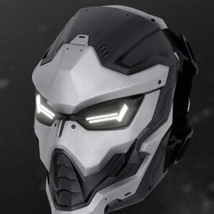 May include: A futuristic helmet with a white and black design. The helmet has a visor with white lights and a black strap.