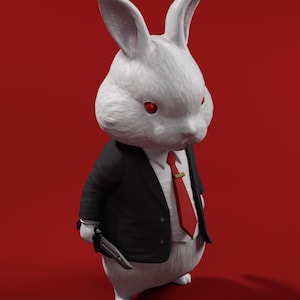 May include: A white rabbit wearing a black suit and red tie, holding a silver knife. The rabbit has red eyes and is standing on a red background.