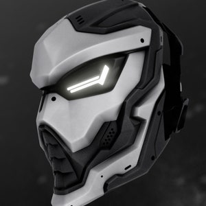 May include: A futuristic, silver and black helmet with a white light strip on the front. The helmet has a sleek, angular design and appears to be made of durable materials.