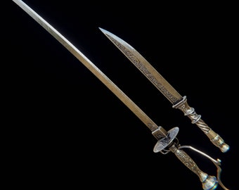 May include: Two ornate swords with intricate designs on the handles and blades. The swords are silver in color and have a black background.