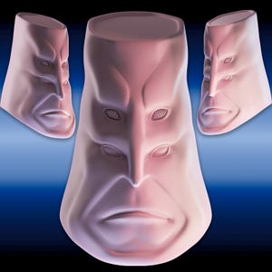 May include: A set of three pink, face-shaped sculptures. The sculptures have a stern expression with a prominent nose, defined brow, and mesh-like eye sockets. The forms are smooth and rounded, with a slightly textured surface.