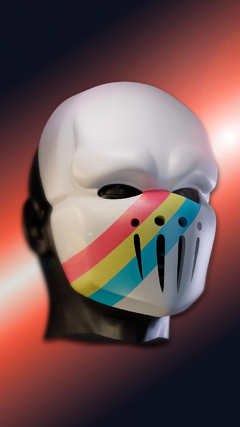 K&ouml;nnte beinhalten: Wei&szlig;e Maske mit einem bunten Regenbogenstreifen &uuml;ber dem Mundbereich. Die Maske hat Augenl&ouml;cher und mehrere vertikale Schlitze. Der Hintergrund ist ein Farbverlauf von Rot und Schwarz.