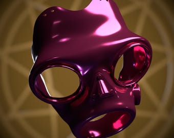 May include: A shiny, deep pink gas mask with two large eye holes and a round mouth hole. The mask is made of a smooth, glossy material.
