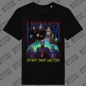 May include: Black t-shirt featuring a graphic from the Hellraiser movie franchise. The design includes the text "HELLRAISER" in blue and red, and the phrase "SATAN'S DONE WAITING" in green. The graphic depicts several characters from the film.