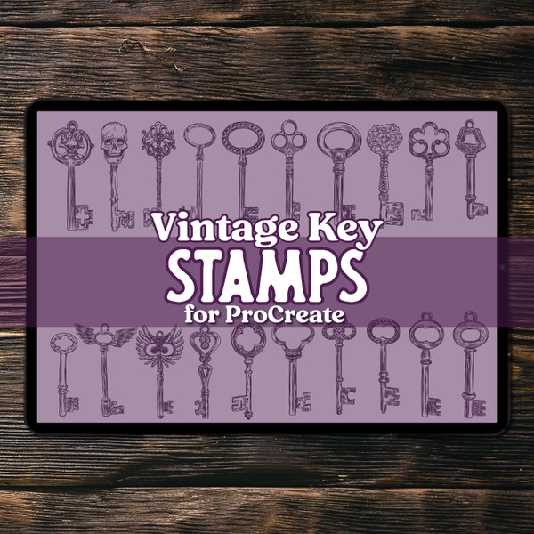 Vintage Key Stamps for Procreate | Instant Digital Download | Heart, Skull, Owl, Winged, Geometric, Circular Old Fashioned Key Illustrations