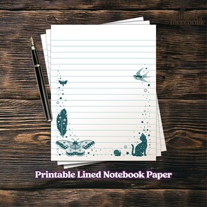 May include: Printable lined notebook paper with a teal blue border design featuring a butterfly, feather, cat, and bird. The paper is white with blue lines.