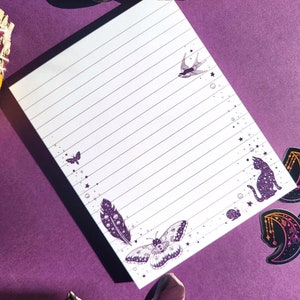 Purple Lined Notepad | 4.25 x 5.5 | Celestial Witchy Shopping or To Do list | Witches Familiars, Cat, Snail, Moth, Feather, Stars