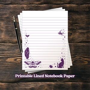 May include: Printable lined notebook paper with a purple and white design. The design features a butterfly, a feather, a cat, a snail, and a bird. The paper is perfect for writing letters, journaling, or taking notes.