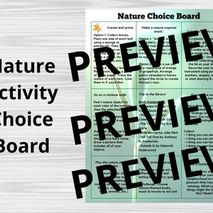 Atividades naturais, gráfico de quadro de escolhas, artes e ofícios infantis, diversão nas férias escolares em casa, projetos temáticos de acampamento de creche, download instantâneo para impressão