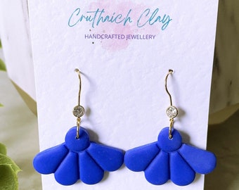 Half Daisy Earrings | Blue | Handmade | Polymer Clay | Cubic Zirconia | Gold Plated