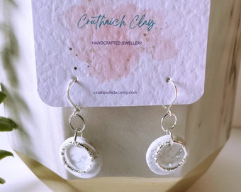 White Circle Drop Earrings | Handmade | Polymer Clay | Silver Plated | Silver Leaf