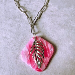 Pink Marble and Leaf Handmade Pendant Necklace | Polymer Clay | Resin | Silver Plated | Silver Leaf | UK Seller