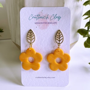 Orange Flower Handmade Earrings | Polymer Clay | Flower and Leaf Dangle | Mother of Pearl | Gold Plated