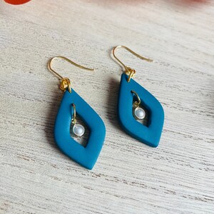 Teal and Pearl Drop Teardrop Earrings | Handmade | Polymer Clay | Faux Pearl | Gold Plated
