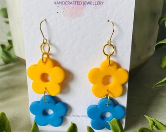 Donut Flower Earrings | Yellow and Blue | Polymer Clay | Dangle Drop | Handmade | Gold Plated