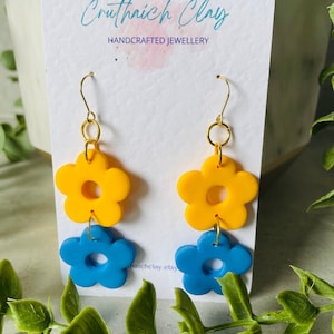 Donut Flower Earrings | Yellow and Blue | Polymer Clay | Dangle Drop | Handmade | Gold Plated