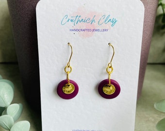 Dark Magenta Round Drop Earrings | Autumn Collection | Handmade | Polymer Clay | Hammered Gold Disk | Gold Plated