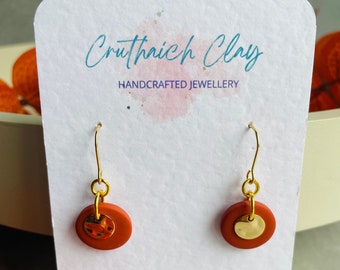 Terracotta Round Drop Earrings | Autumn Collection | Handmade | Polymer Clay | Hammered Gold Disk | Gold Plated