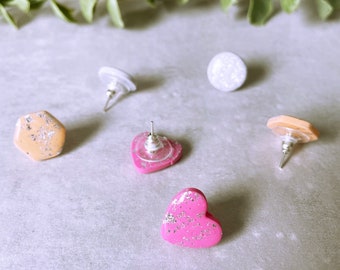 Set of Stud Handmade Earrings  | Polymer Clay | Heart, Circle and Hexagon | Silver Leaf | Resin | Silver Plated