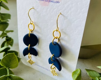 Moon and Star Dangle Drop Earrings | Galactic Cobalt Blue | Handmade | Polymer Clay | Gold Plated | Crystal Pave Star