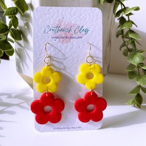 Flower Dangle Earrings | Yellow and Red | Handmade | Polymer Clay | Gold Plated