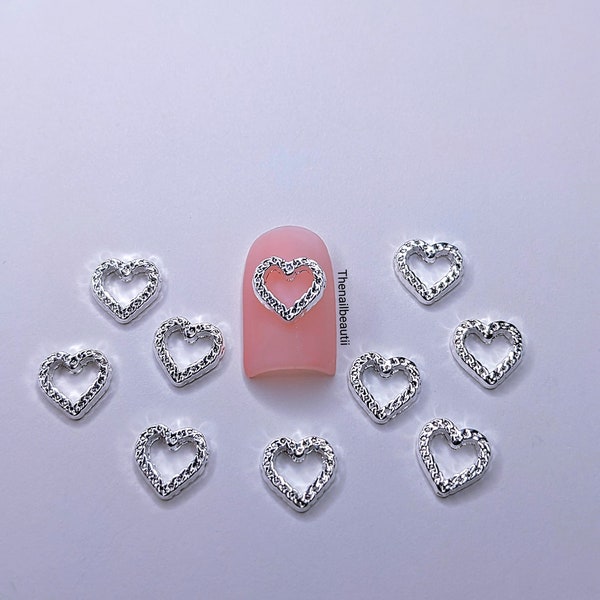 3D Metal Silver Heart Nail Charms - 10 pcs