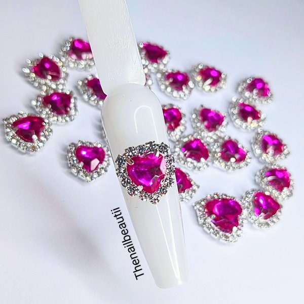 Purple/Pink and silver heart nail charms - 10 pcs