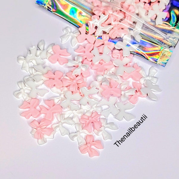 Pink And White Mix Bow Nail Charms - 40 pcs