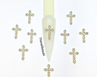 2pcs 18k Gold Plated Pink Zircon Pearl Cross Crucifix Nail Decals/ Gold ...