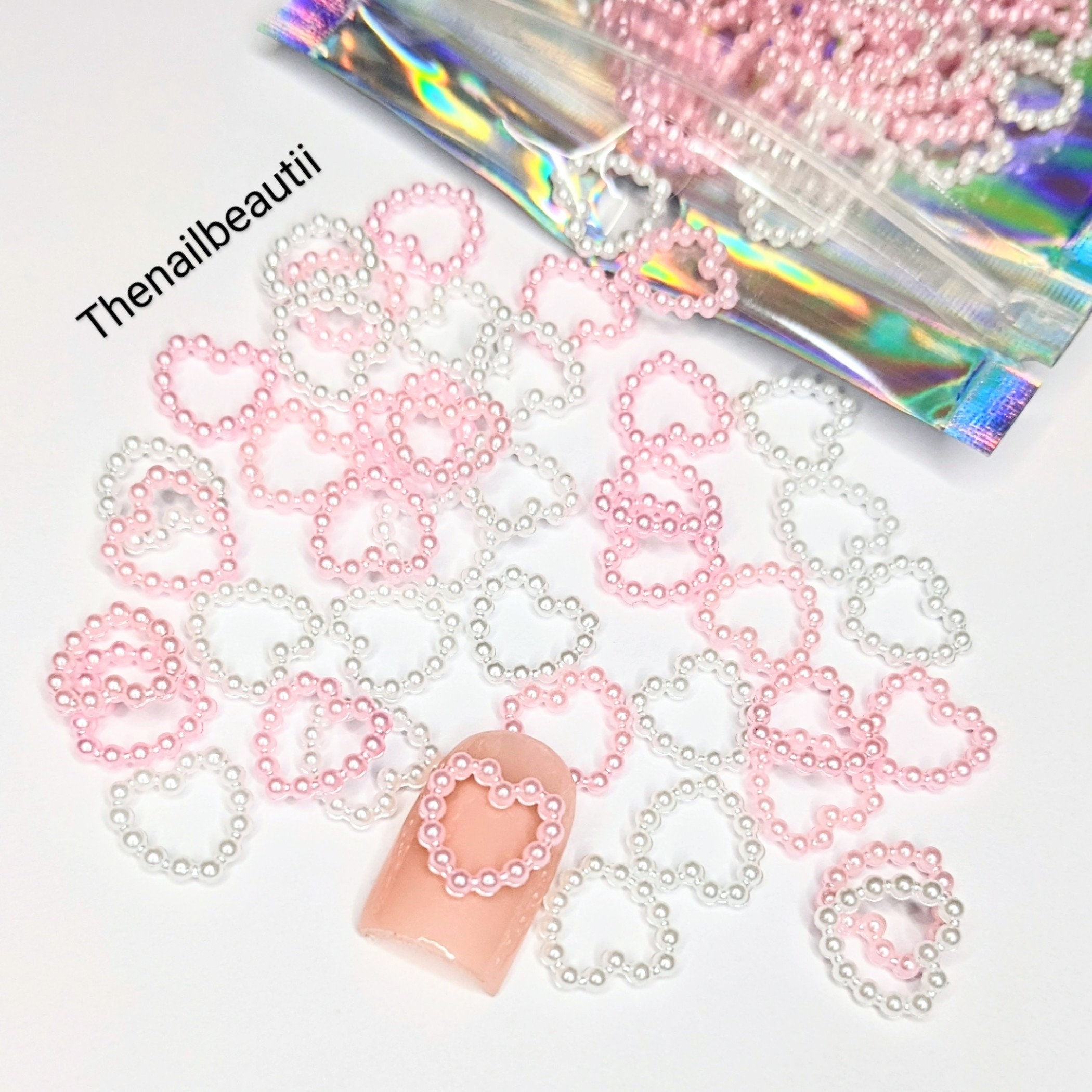60PCS 3D Heart Nail Charms,Cute Beautiful Pearl Nail Accessories，Pearl  Color DIY Crafts Accessories,Durable not Easy to Fade Heart Shape Manicure