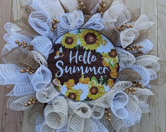 Hello Sommerkranz, Sommerkranz, Künstlicher Sommerkranz, Deko-Mesh mit Schilderkranz