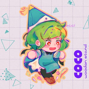 May include: A digital illustration of a character with green hair wearing a teal hat and outfit, featuring the text 'COCO wooden stand' in purple. The character has orange eyes and is depicted in a cartoon style with a grid background and triangles.